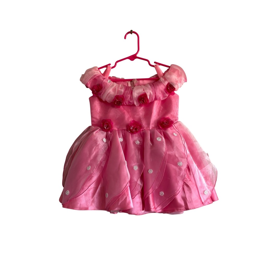 Kids Pink Satin Organza Flower Girl Dress 3D Rose Floral Ball Gown